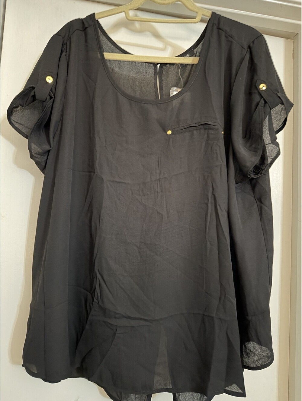 Black Short Sleeve Semi Sheer Blouse With Gold Tone Buttons On Sleeves